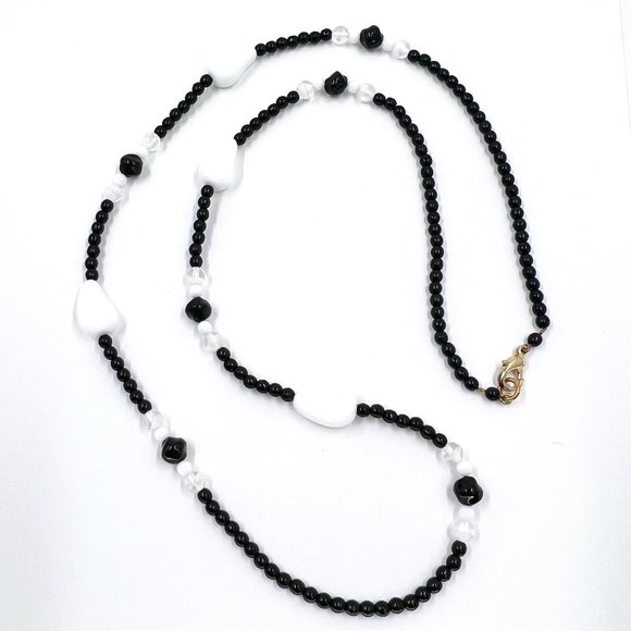 Simple Black & White Glass Beaded Single Strand 30” Necklace - Picture 2 of 6